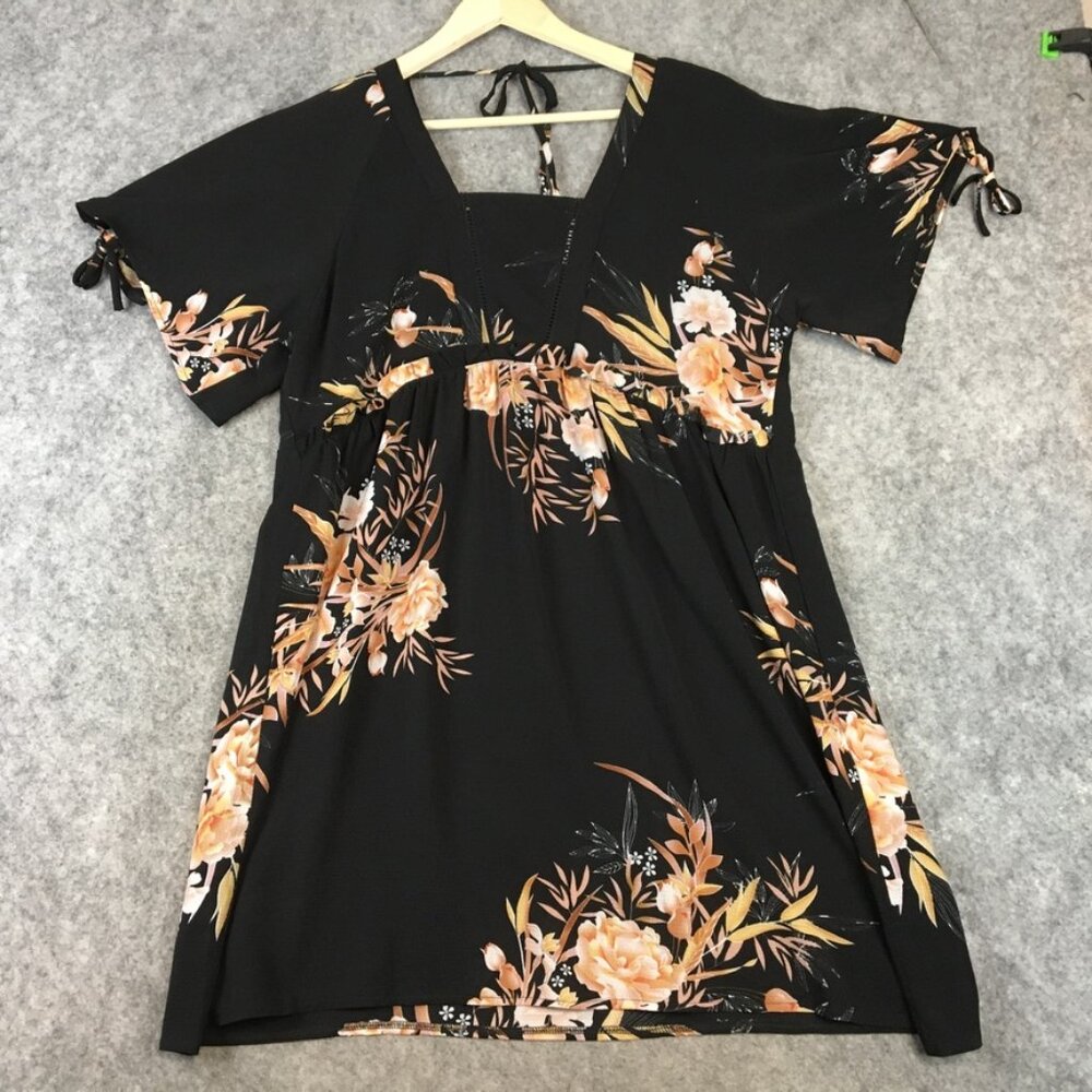 Molly Bracken Dress M L Boho Black A Line Crepe Cutout Back Tropical Floral Mini
